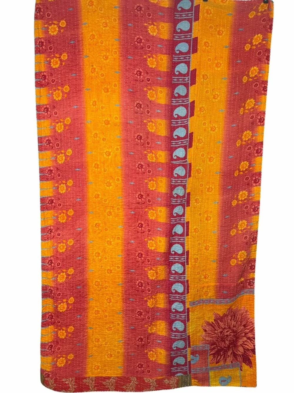 Vintage Handmade Printed Kantha Quilt India Sari Throw Blanket Twin 52x80